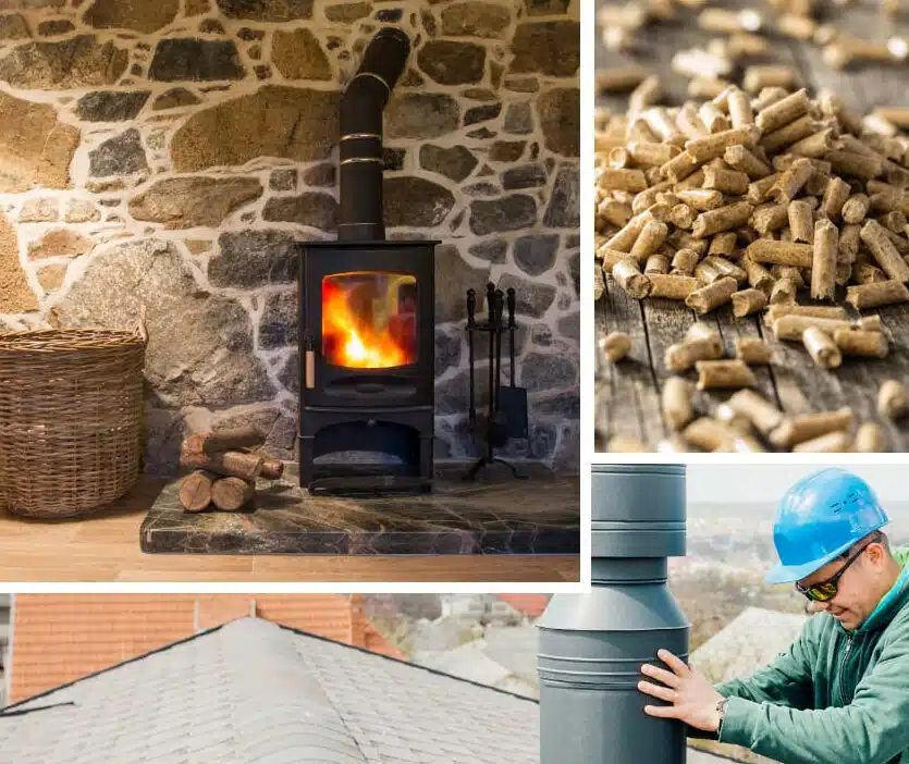 photos représentant un poele, des granules, et un homme sur le toit pour le conduit du poele
